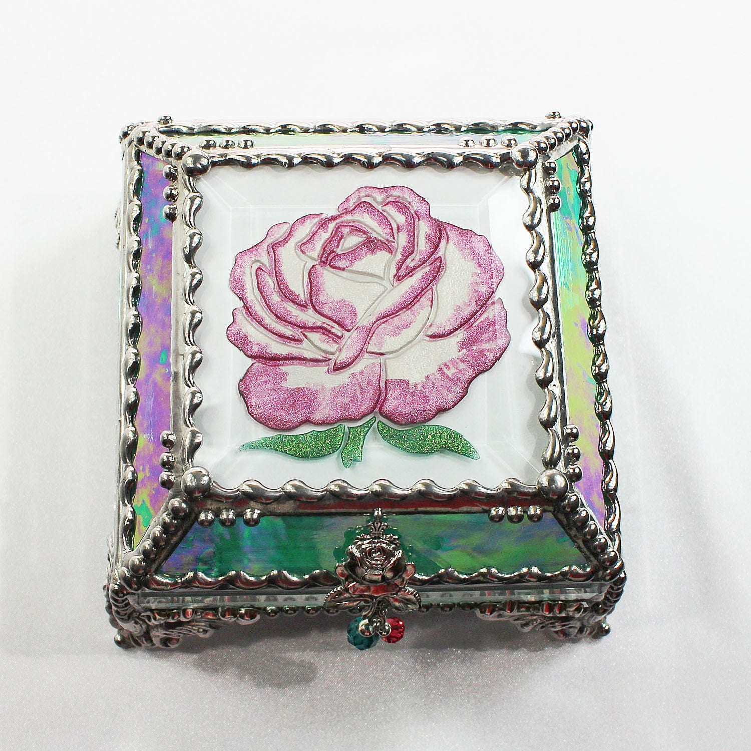 Etched, Hand Painted, Rose,Flower,Stained Glass, Keepsake Box,Jewelry Box