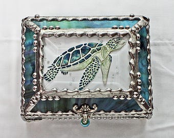 Sea Turtle, Glass Art, Turtle, Keepsake Box,Hand Painted, Faberge Style, Treasure Box