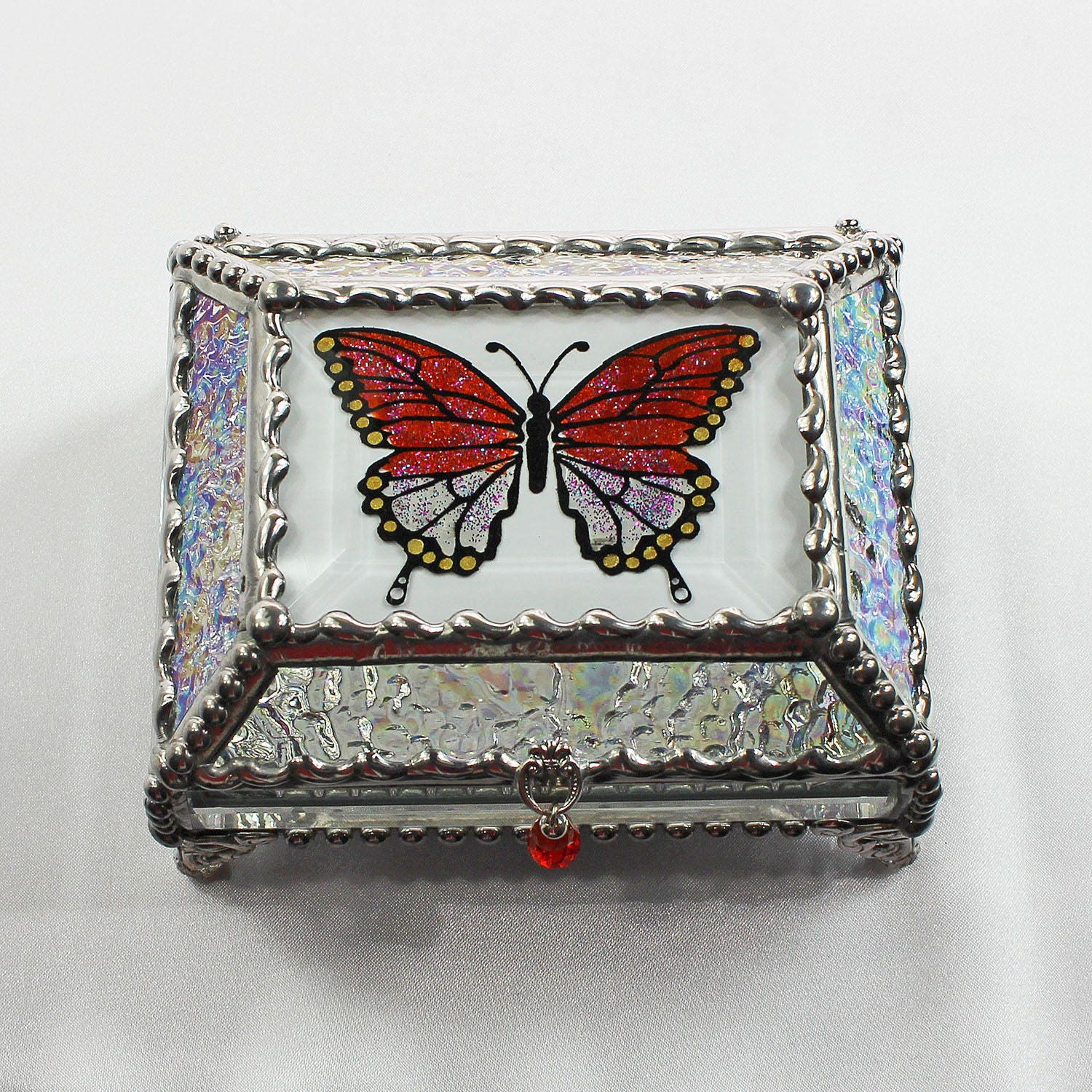Etched Hand Painted Glass Jewelry Box Hand crafted