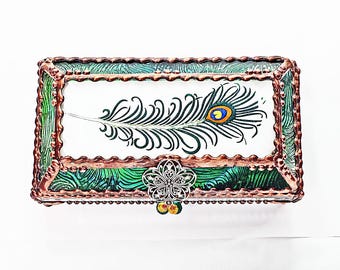 Peacock, Feather, Jewelry Box, EyeGlass Case , Jewelry Box, Glass Art,, Faberge Style, Beveled Glass, Made in USA