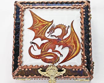 Dragon, art glass, stained glass, display box, jewelry box, souvenir, hand painted