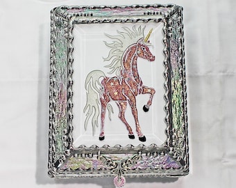 Unicorn, Horse, Equine, Treasure Box, stained glass box, stained glass, display box, jewelry box, , souvenir, mystic, Palomino