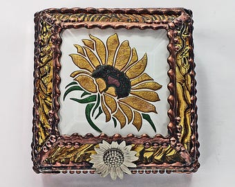 Sunflower, Stained Glass, Keepsake Box, Jewelry Box, Faberge Style, Treasure Box, Flowers