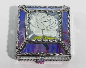 Etched, Hand Painted, Rose, Stained Glass, Beveled Glass, Keepsake Box,Jewelry Box, Faberge Style, Made in USA