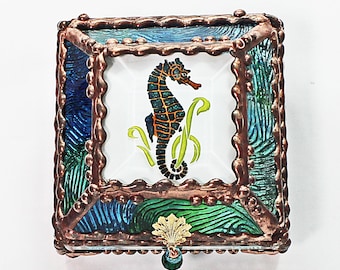 Seahorse Carved Glass Jewelry Box, Hand painted Etched Glass, Swarovski crystals, Stained Glass, Glass Art, Beveled Glass, Made in the USA