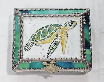 Sea Turtle, Glass Art, Turtle, Keepsake Box,Hand Painted, Faberge Style, Treasure Box