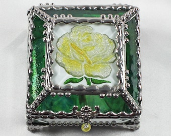 Roses, Hand Painted, Stained Glass, Beveled Glass, Keepsake Box,Jewelry Box, Faberge Style, Made in USA