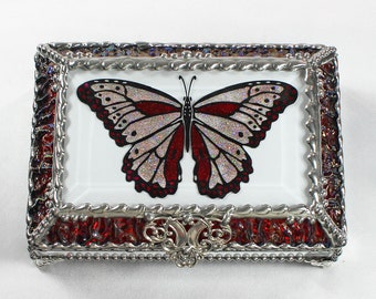 Butterfly, Jewelry Box, Glass Art, Faberge Style, Beveled Glass, Stained Glass