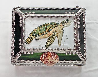 Sea Turtle, Glass Art, Turtle, Keepsake Box,Hand Painted, Faberge Style, Treasure Box