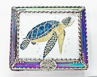 Sea Turtle, Glass Art, Turtle, Keepsake Box,Hand Painted, Faberge Style, Treasure Box