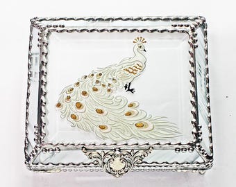 Peacock, Stained Glass, Keepsake Box, Jewelry Box, Faberge Style, Treasure Box