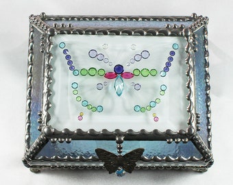 Jewel Encrusted Treasure Jewelry Box, Stained Glass, Desk Accessory, Trinket Box, Butterfly, Vintage Glass Jewels, Swarovski Crystals