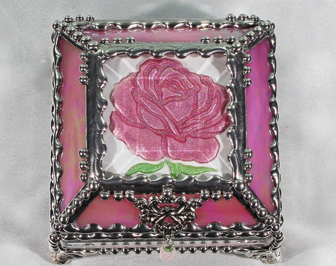 Featured listing image: Roses, Hand Painted, Stained Glass, Beveled Glass, Keepsake Box,Jewelry Box, Faberge Style, Made in USA