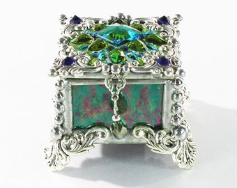 Jewel Encrusted Fairy Box, Ring Box, Swarovski Crystals, Stained Glass, Rosary Box, Made in the USA