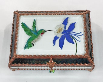 Hummingbird, Columbine, Jewelry Box, Glass Art, Faberge Style, Beveled Glass, Stained Glass