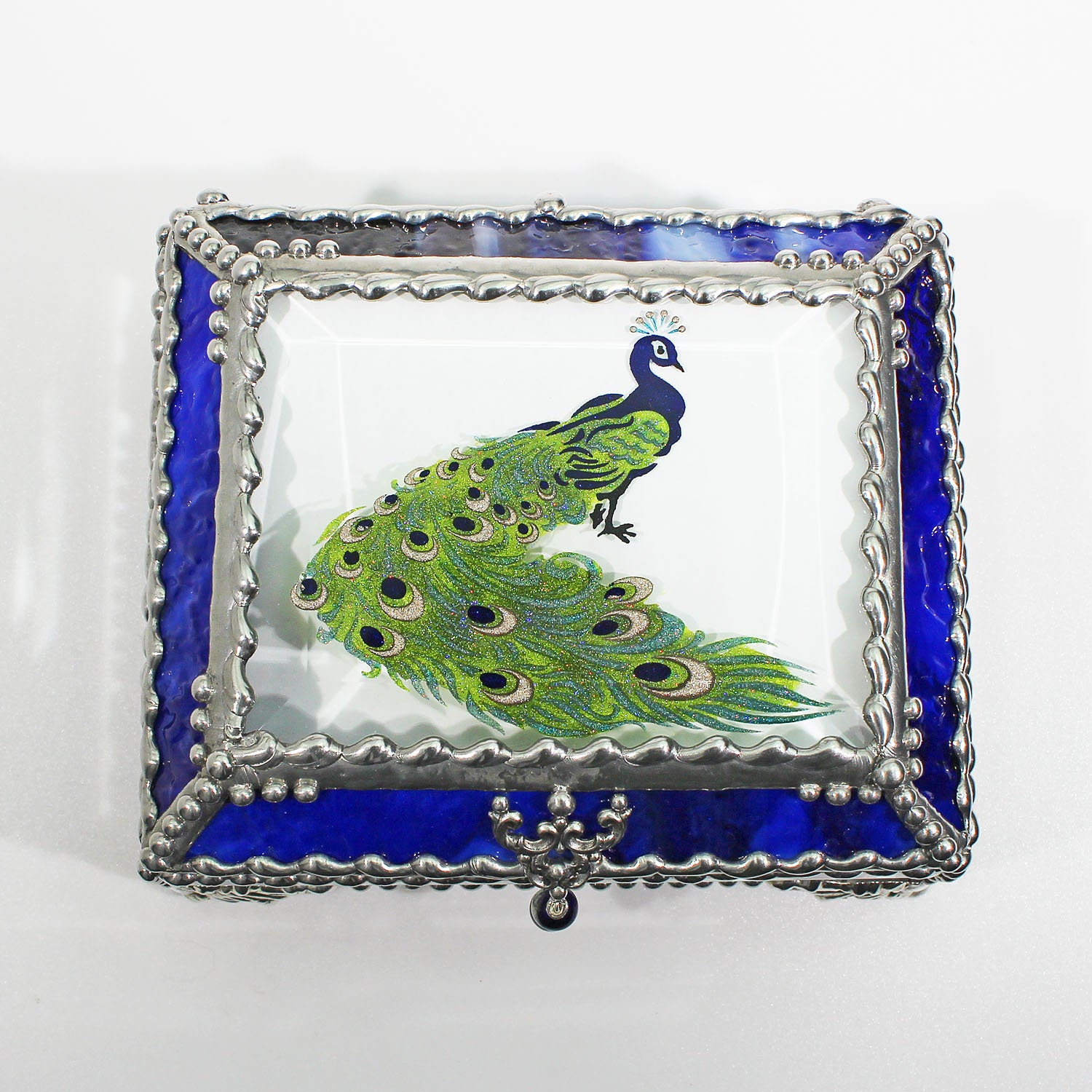 Peacock Hand Painted, Carved Glass, Jewelry Box, Glass Art, Beveled