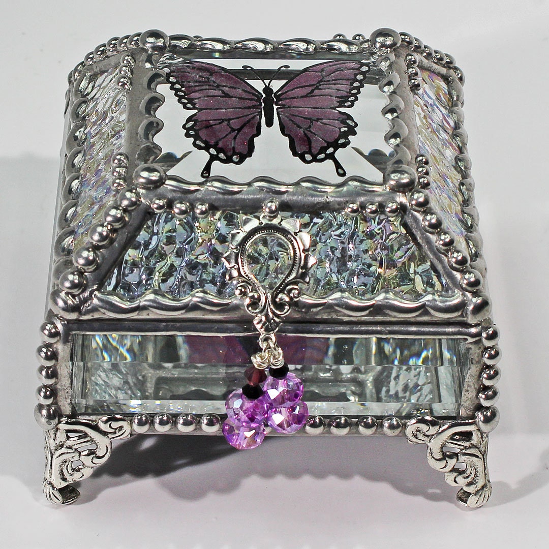 Etched Butterfly Lavender Hand Painted Glass Jewelry Box Hand crafted