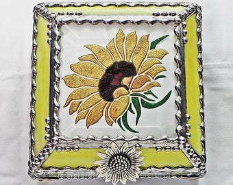 Sunflower, Stained Glass, Keepsake Box, Jewelry Box, Faberge Style, Treasure Box, Flowers