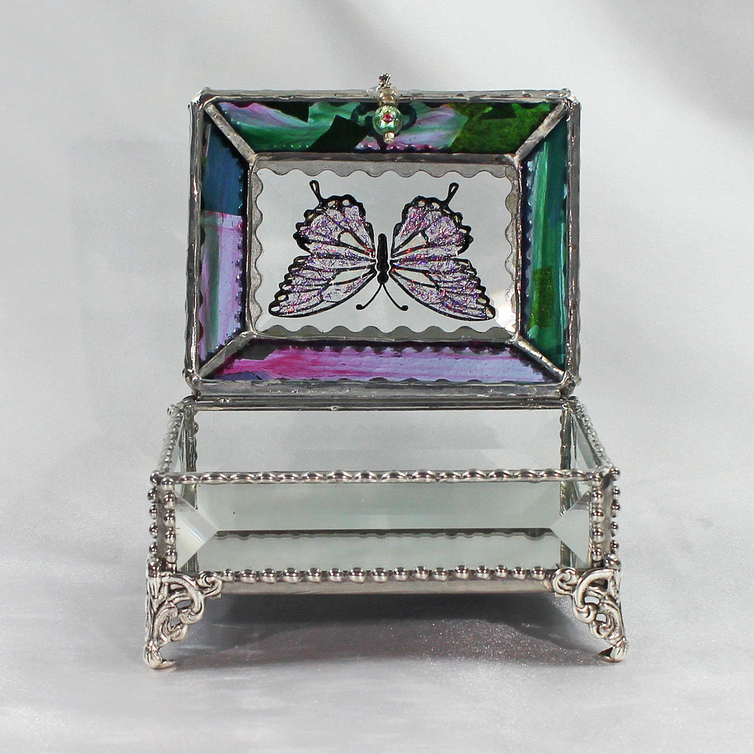Butterfly Etched Hand Painted Glass Jewelry Box
