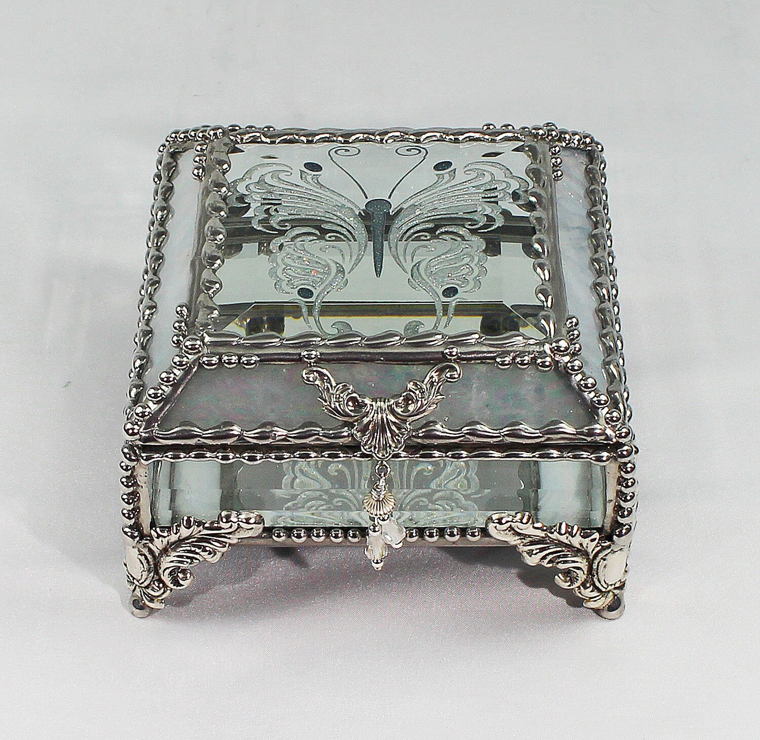 Victorian, Butterfly, Hand Painted, Stained Glass, Keepsake Box,Jewelry