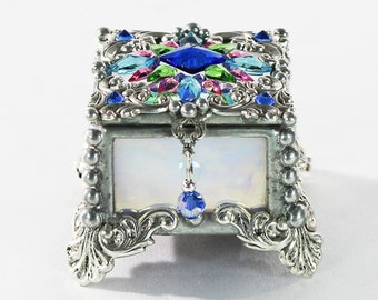 Jewel Encrusted Fairy Box, Ring Box, Swarovski Crystals, Stained Glass, Rosary Box, Made in the USA