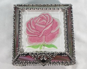 Roses, Hand Painted, Stained Glass, Beveled Glass, Keepsake Box,Jewelry Box, Faberge Style, Made in USA