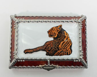 Etched, Hand Painted, Tiger, Stained Glass, Beveled Glass, Keepsake Box,Jewelry Box, Faberge Style, Made in USA