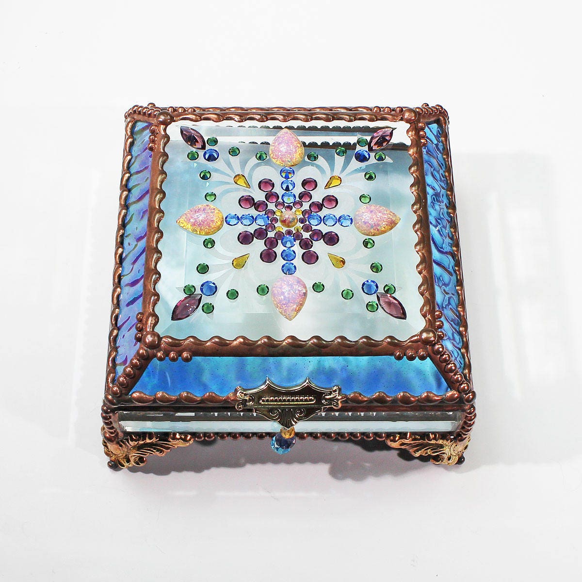Jewel Encrusted 5x5, Jewelry Box, Treasure Box, Stained Glass Box