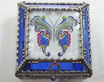 Etched, Hand Painted, Victorian, Butterfly, Stained Glass Box, Jewelry Box, Jewelry Storage, Memory Box