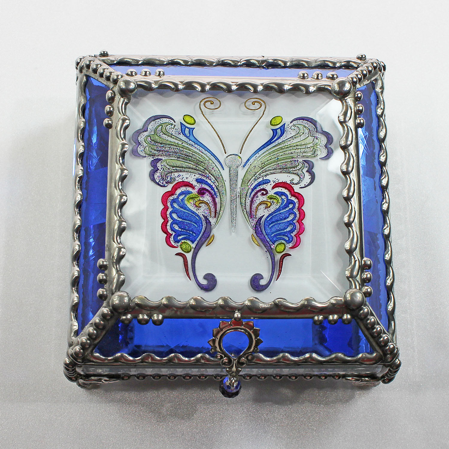 Etched, Hand Painted, Victorian, Butterfly, Stained Glass Box, Jewelry