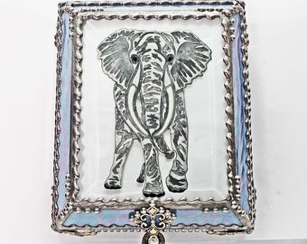 Elephant, Hand Painted, Stained Glass, Keepsake Box,Jewelry Box, Faberge Style, Treasure Box