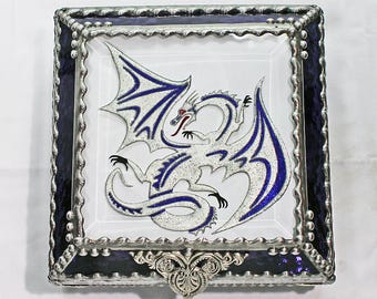 Dragon, art glass, stained glass, display box, jewelry box, souvenir, hand painted