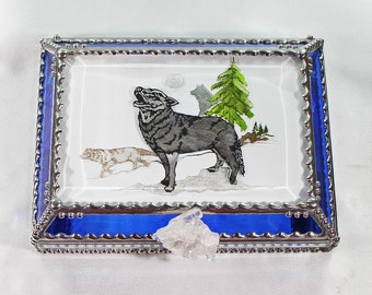 Wolf, Hand Painted, Stained Glass, Keepsake Box,Jewelry Box, Faberge Style, Treasure Box