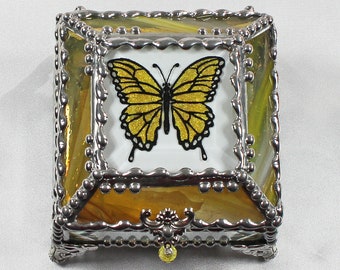 Butterfly Hand Painted Glass Jewelry Box Hand crafted, Gift Box