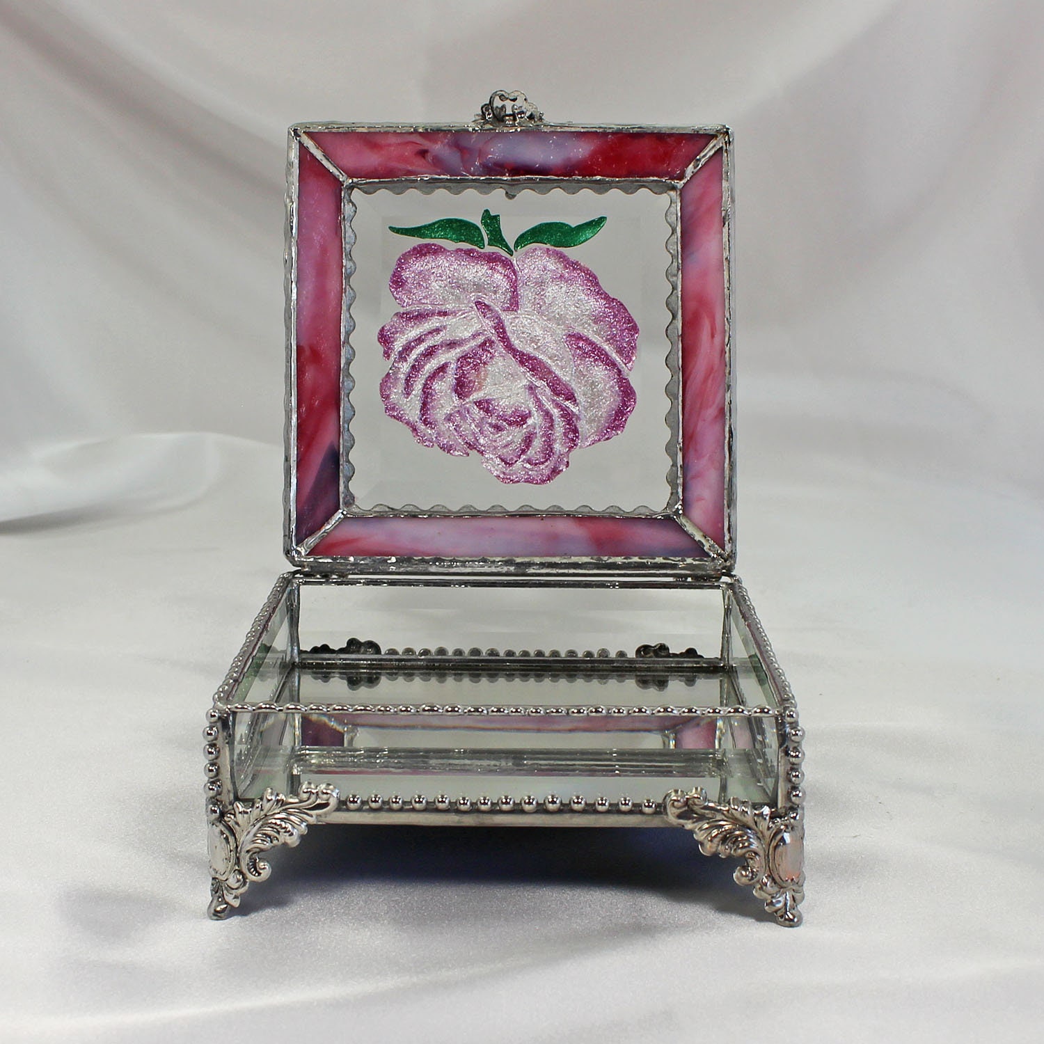 Hand Painted, Rose,Flower,Stained Glass, Keepsake Box,Jewelry Box