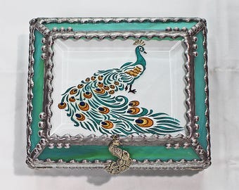 Peacock, Stained Glass, Keepsake Box, Jewelry Box, Faberge Style, Treasure Box