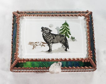 Wolf, Hand Painted, Stained Glass, Keepsake Box,Jewelry Box, Faberge Style, Treasure Box