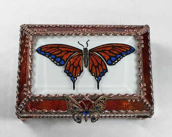 Butterfly, Jewelry Box, Glass Art, Faberge Style, Beveled Glass, Stained Glass