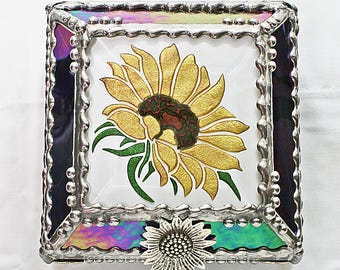 Sunflower, Stained Glass, Keepsake Box, Jewelry Box, Faberge Style, Treasure Box, Flowers