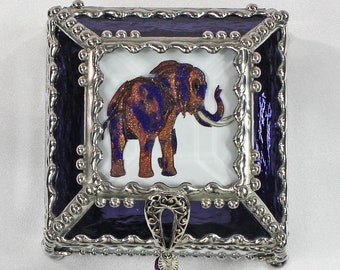 Elephant, Hand Painted, Stained Glass, Keepsake Box,Jewelry Box, Faberge Style, Treasure Box