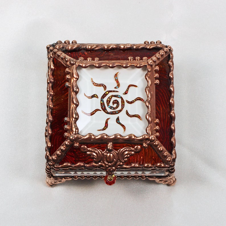 Jewelry Box Glass Box Native American Treasure Box Trinket Box Sun Fetish Etched hand painted Glass Treasure Box Faberge Style