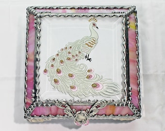 Peacock, Stained Glass, Keepsake Box, Jewelry Box, Faberge Style, Treasure Box