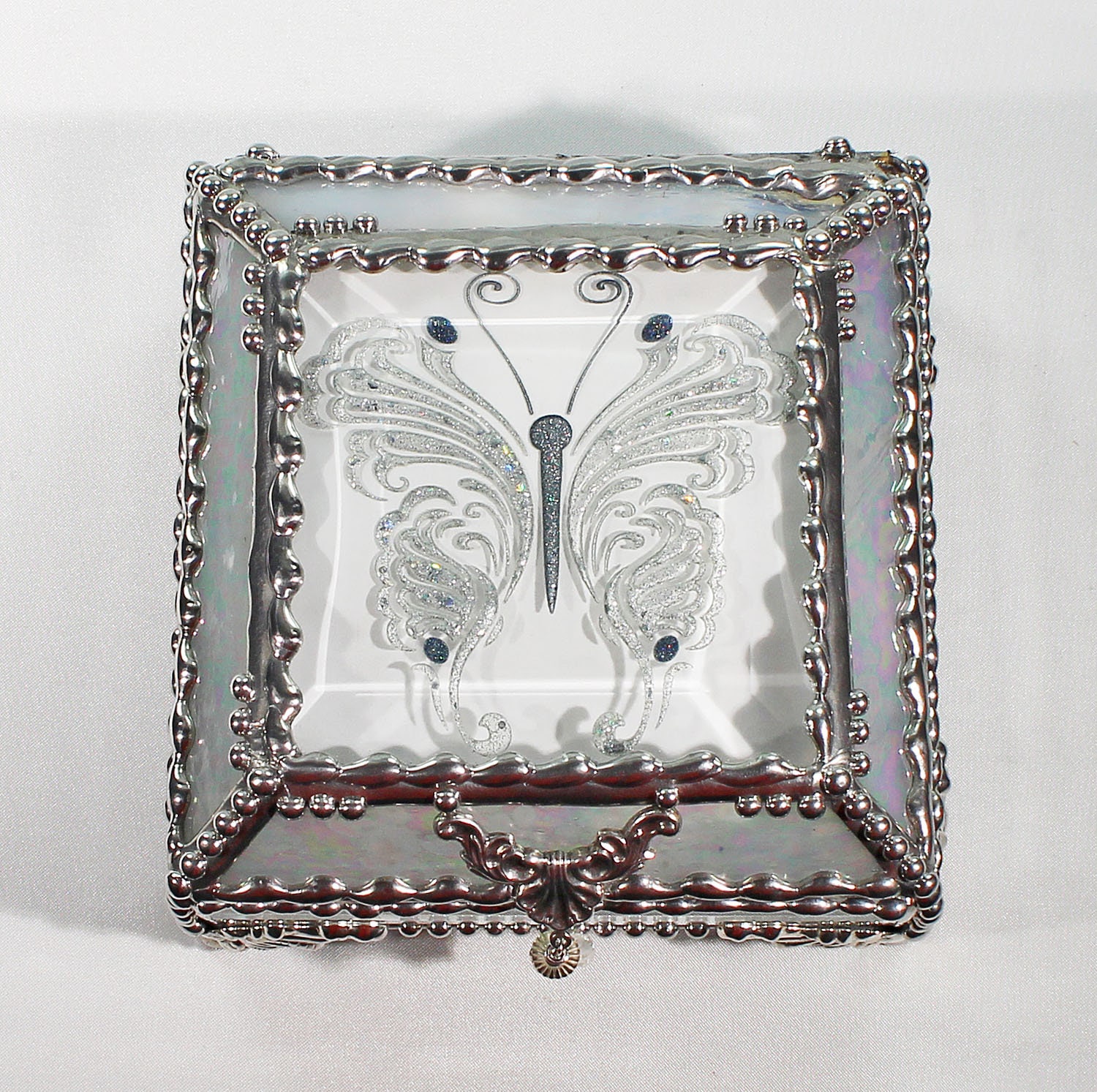 Victorian, Butterfly, Hand Painted, Stained Glass, Keepsake Box,Jewelry