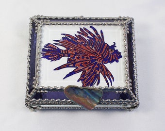 Lionfish Stained Glass Box, Trinket Box, Sea Life, Ocean creatures, Hand Painted Etched, Faberge Style