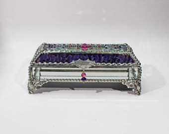 Jewel Encrusted Treasure Jewelry Box, Stained Glass, Desk Accessory, Trinket Box, Eye Glass Case, Vintage Glass Jewels, Swarovski Crystals