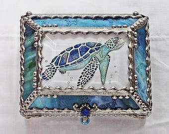 Sea Turtle, Glass Art, Turtle, Keepsake Box,Hand Painted, Faberge Style, Treasure Box