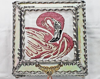 Flamingo, Hand Painted, Stained Glass Box, Trinket Box, Etched, Faberge Style