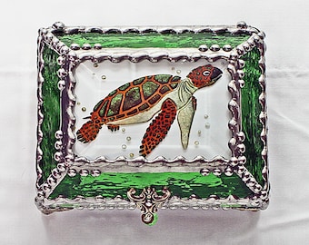 Sea Turtle, Glass Art, Turtle, Keepsake Box,Hand Painted, Faberge Style, Treasure Box