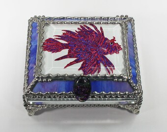 Lionfish Stained Glass Box, Trinket Box, Sea Life, Ocean creatures, Hand Painted Etched, Faberge Style