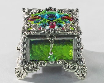 Jewel Encrusted Fairy Box, Ring Box, Swarovski Crystals, Stained Glass, Rosary Box, Made in the USA
